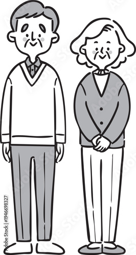 老夫婦　祖母祖父　シニア夫婦　ベクター（モノクロ）