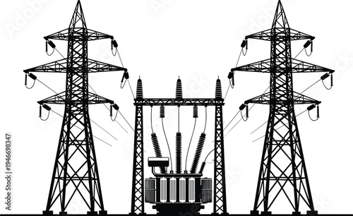 High voltage electrical substation illustration featuring transmission power line towers, industrial transformer 