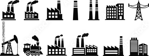 Industrial factory icon set featuring manufacturing buildings, oil pump jack, steam locomotive train, power line tower, smoke stacks, and heavy industry production facilities.