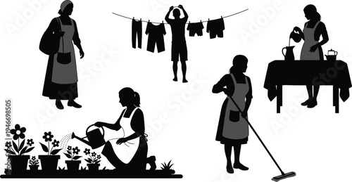 Set of domestic silhouettes depicting people engaged in household chores including gardening, mopping floors, hanging laundry to dry, serving tea, and daily home maintenance.