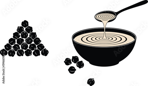 Chickpea tahini hummus vector illustration with spoon drizzle, traditional Middle Eastern food bowl, healthy vegan dip concept, minimal black and beige style