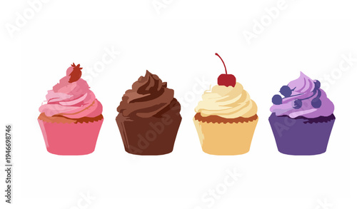 Row of four colorful cupcakes with different frosting toppings sweet dessert vector illustration