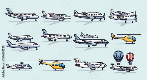 Diverse Collection of Pixel Art Aircraft and Helicopters.