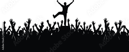 Cheering crowd silhouettes with victorious man standing above audience, celebration concert fans raising hands, success leadership concept, black vector illustration