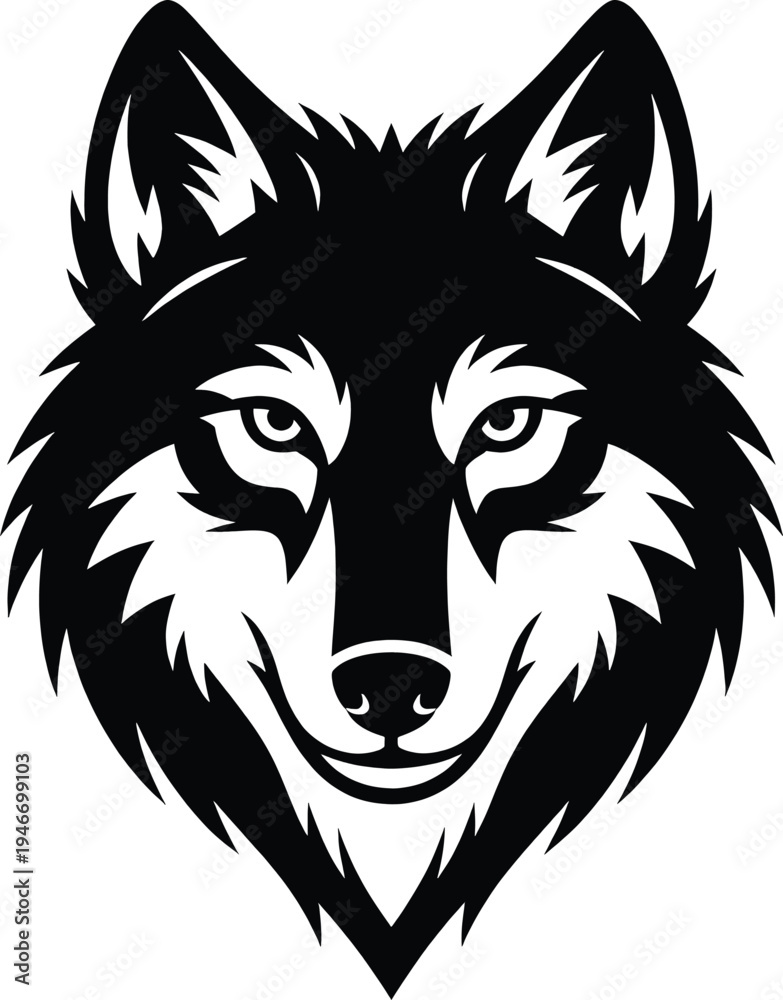 Fototapeta premium Stylized black and white vector graphic depicting a detailed wolf head mascot design isolated against a pure white background for graphic use.