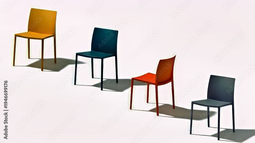 Obraz premium Modern Plastic Chairs Vibrant Colors Office Home Seating Angled Arrangement Minimalist White Background.jpg