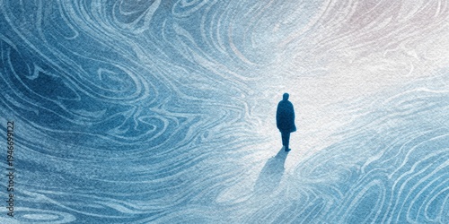 Solitary figure standing amid abstract water patterns contemplative minimalist illustration