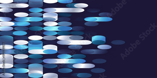 A bright 3d illustration featuring a medical pattern of shiny blue round pills and tablets in a circular shape over a dark black texture design for healthcare
