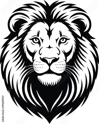 Majestic lion head profile rendered in high-contrast black and white vector art displays a strong regal expression suitable for an emblem or logo.