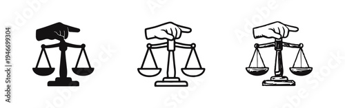 Hand Holding Scales of Justice Icon Set - Law, Balance, and Equality Doodle Symbols, Vector Illustration