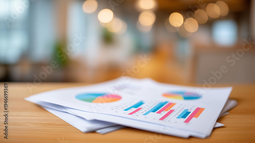 Printed financial documents with colorful pie charts, bar graphs, and highlighted statistics spread across a well-lit office desk, defocused warm office interior behind, financial document