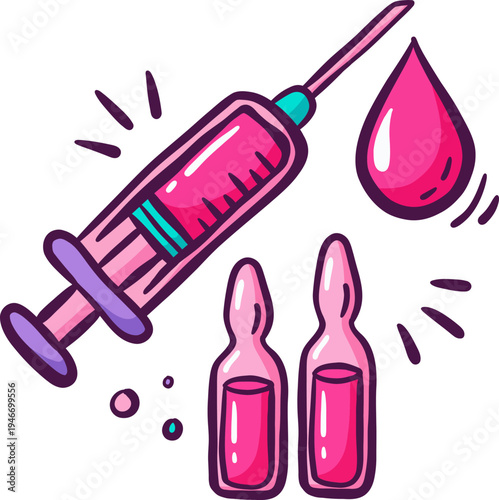 Cartoon Pink Syringe with Drop and Ampoules for Health Care Design
