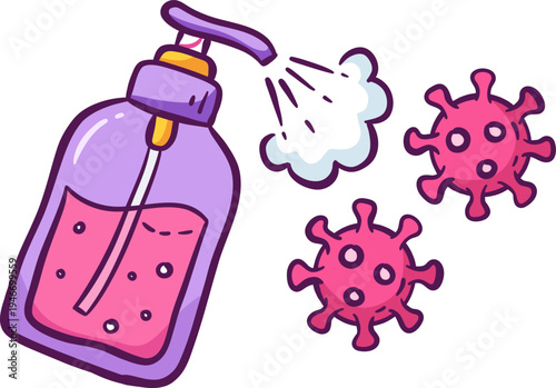 Cartoon Purple Pump Bottle Spraying Pink Liquid on Pink Virus Cells for Germ Protection