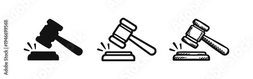 Gavel Icon Set - Law, Court, and Auction Doodle Symbols, Vector Illustration