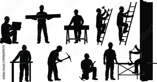 Construction worker silhouettes with tools and ladder, builders installing and repairing structures, industrial labor activities set, professional construction workforce vector illustration isolated