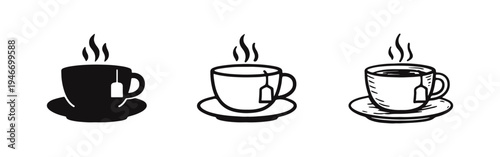Teacup with Tea Bag Icon Set - Hot Drink, Relaxation and Morning Beverage Doodle Symbols, Vector Illustration