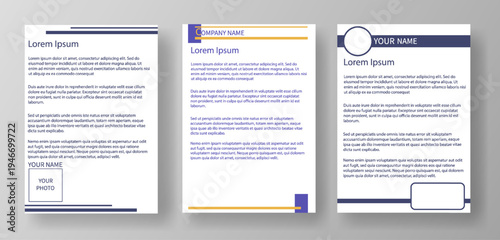 Three blank A4 letter templates are displayed in a neat arrangement. Each template has a different layout for company name and address details. These can be used for business communication
