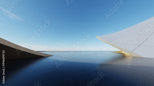 Abstract architecture and futuristic curved structure design against blue sky background, Modern metallic exterior on empty concrete floor, 3d rendering