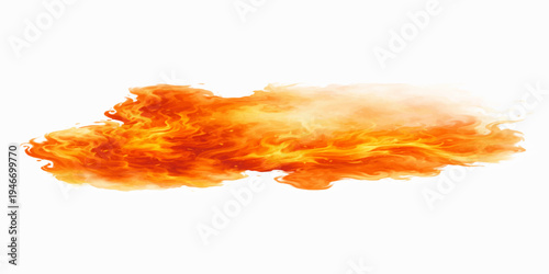 An abstract explosion of beautiful burning fire flames glows with hot orange and red textures against a colorful sunset sky filled with smoke and golden sunlight