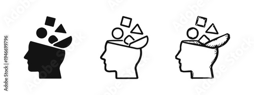 Head with Geometric Shapes Icon Set - Ideas, Thinking and Creative Mind Doodle Symbols, Vector Illustration