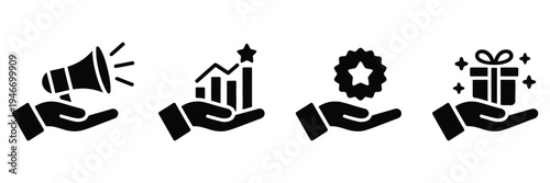 Set of business icons with hands holding megaphone graph star and tag, vector illustration representing marketing promotion