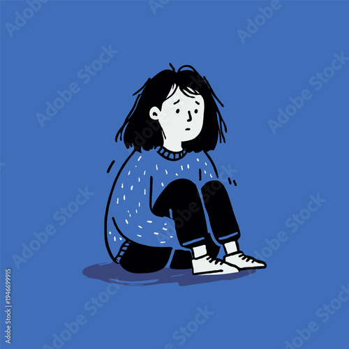 Cartoon image of a sad girl sitting curled up in a sweater and sneakers, hand-drawn style on blue background, showing loneliness and anxiety