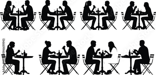 Couple dining silhouette collection, people eating at restaurant table set, romantic dinner conversation scenes, cafe date lifestyle vector illustration isolated