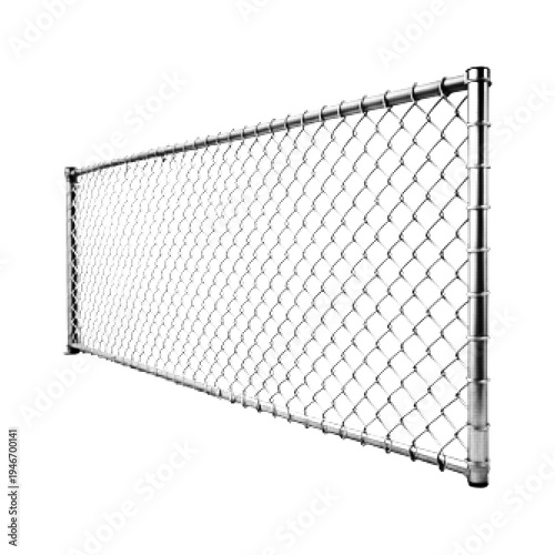 Chain link fence in perspective view in halftone style isolated on light background. Industrial metal barrier symbolizing security, boundary and protection. Monochrome illustration.