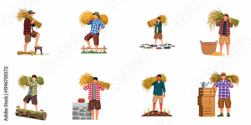 Set of eight male farmers in flannel shirts carrying bundles of harvested rice stalks on their shoulders, flat vector illustration on white background.