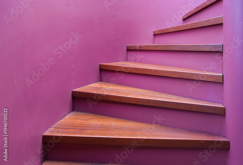 Wooden staircase purple wall interior design modern stairs home decor close up architecture step detail polished wood indoor stairs corner stairs
