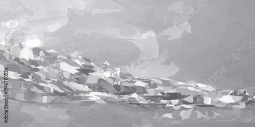 An abstract winter landscape featuring ice on the snow and rocks alongside crumpled paper textures amidst a cold mountain glacier and frozen black water