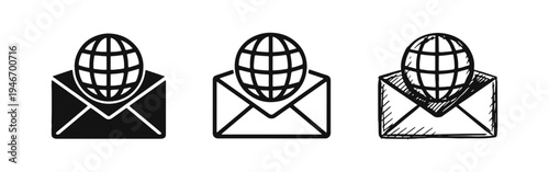 Global email and international communication icon set, representing worldwide mail delivery and digital messaging