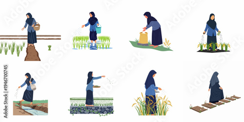 Set of flat illustrations depicting a Muslim woman farmer in a hijab working in rice fields, planting, sowing seeds, and fertilizing crops.