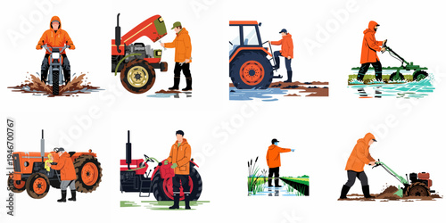Set of agricultural vector illustrations featuring farmers in orange raincoats operating tractors and equipment in muddy outdoor environments.