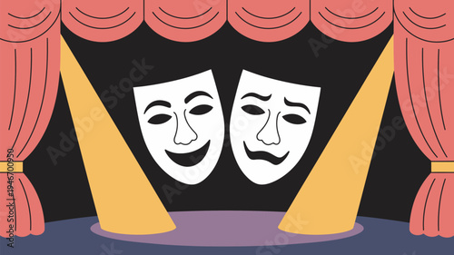 A colorful illustration of comedy and tragedy masks on a stage with spotlights and red curtains.
