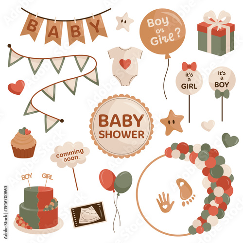Vector collection of baby shower themed elements including banners, gifts, cake, and decorative items.