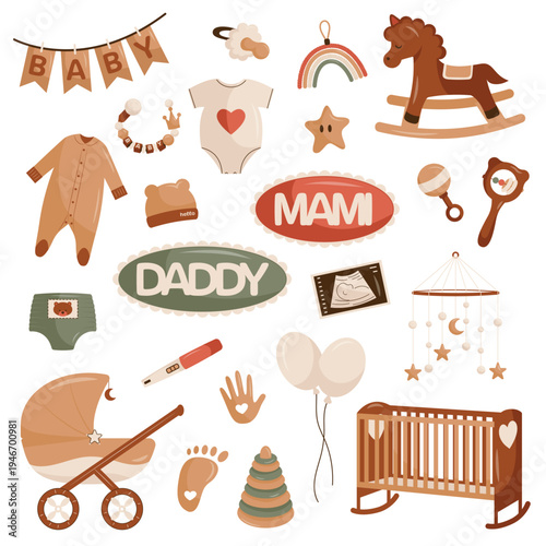 Vector collection of baby related elements including toys, crib, stroller, and decorative items.