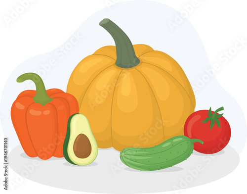 Vegetarian still life with pumpkin, bell pepper, avocado, tomato, and cucumber. Composition with organic vegetables