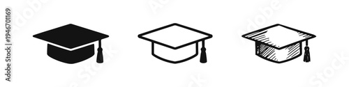 Graduation Cap Icon Set. Black and White Mortarboard Symbols in Solid, Outline, and Hand-Drawn Styles.