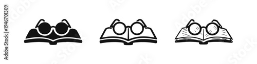 Open Book and Glasses Icon Set. Reading Symbol in Solid, Outline, and Hand-Drawn Styles for Education and Knowledge.