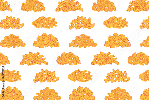 Seamless pattern with assorted pasta shapes. Italian macaroni and fusilli food vector background