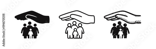Family Protection Icon Set. Hand Over Family Symbol in Solid, Outline, and Hand-Drawn Styles for Care and Security.