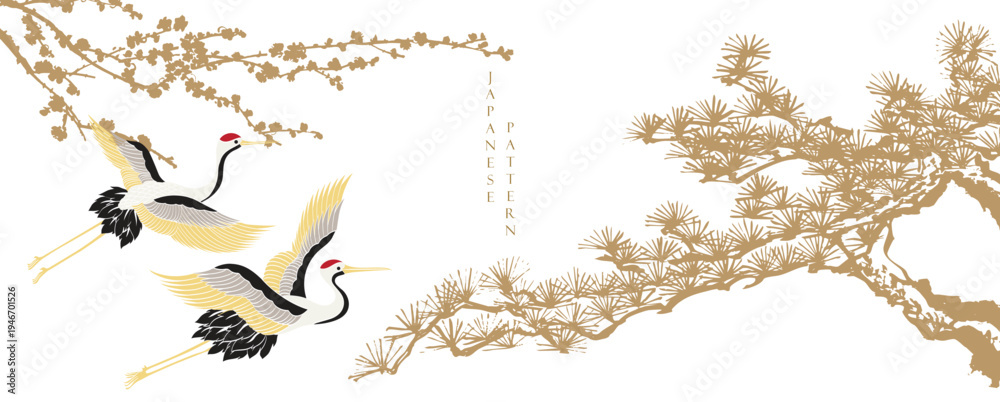 Naklejka premium Bonsai tree branch, crane birds and cherry blossom flower branch with Chinese painting in natural background.