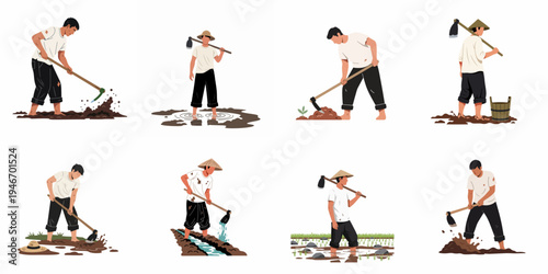 Set of vector illustrations showing farmers working in agricultural fields with traditional hoes in muddy soil and rice paddies