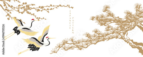 Bonsai tree branch, crane birds and cherry blossom flower branch with Chinese painting in natural background.