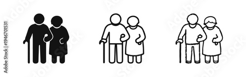 Elderly Couple Icon Set. Senior People with Cane Symbols in Solid, Outline, and Hand-Drawn Styles.