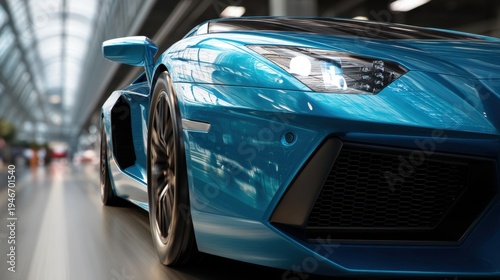 Blue supercar driving in modern tunnel. Close up of front sport car headlamp and fender. Speed, luxury automotive design and dynamic motion concept. High performance vehicle on road.