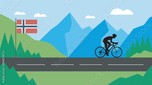 A cyclist rides along a scenic road with the Norwegian flag waving in the background of a mountainous landscape.