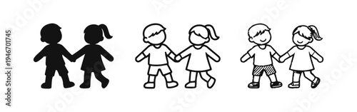 Children Holding Hands Icon Set. Boy and Girl Friendship Symbols in Solid, Outline, and Hand-Drawn Styles.