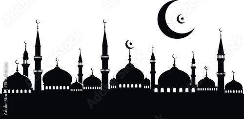 Islamic mosque skyline silhouettes with crescent moon and star, Muslim architecture panorama, Ramadan Kareem concept, black vector illustration background